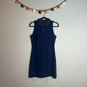 Taylor navy blue embellished high neck shift dress